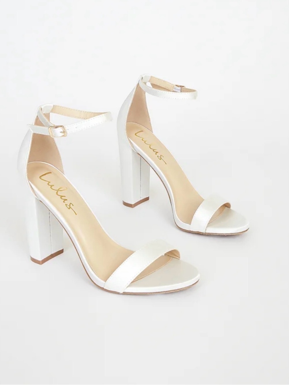 Lulu's White Satin Ankle-Strap Block Heels